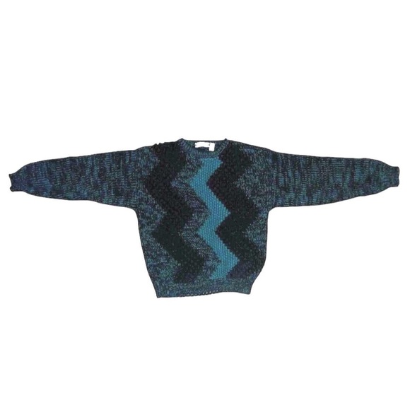 Saturdays Sweaters - Vintage 80s Saturdays Teal & Black Geometric Knit Sweater - Size L